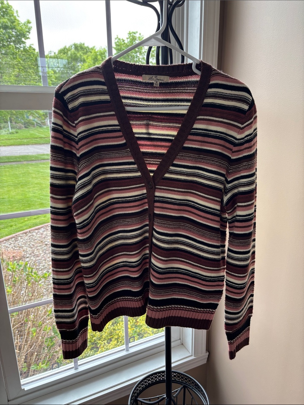 Striped V-Neck Cardigan Sweater - Pink/Black/Brown